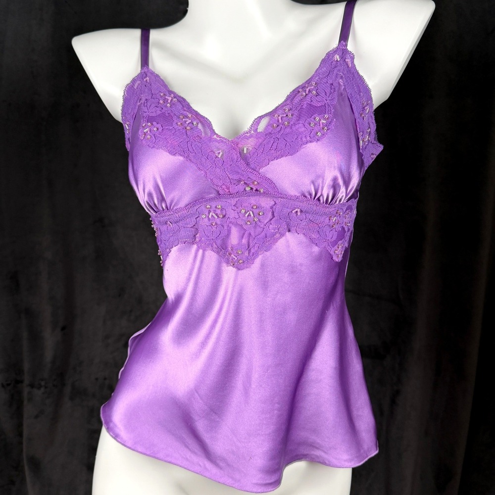Vintage‎ Y2K APART Silk Beaded Lace Cami Purple Bratz Coquette Fairy 2000s Top